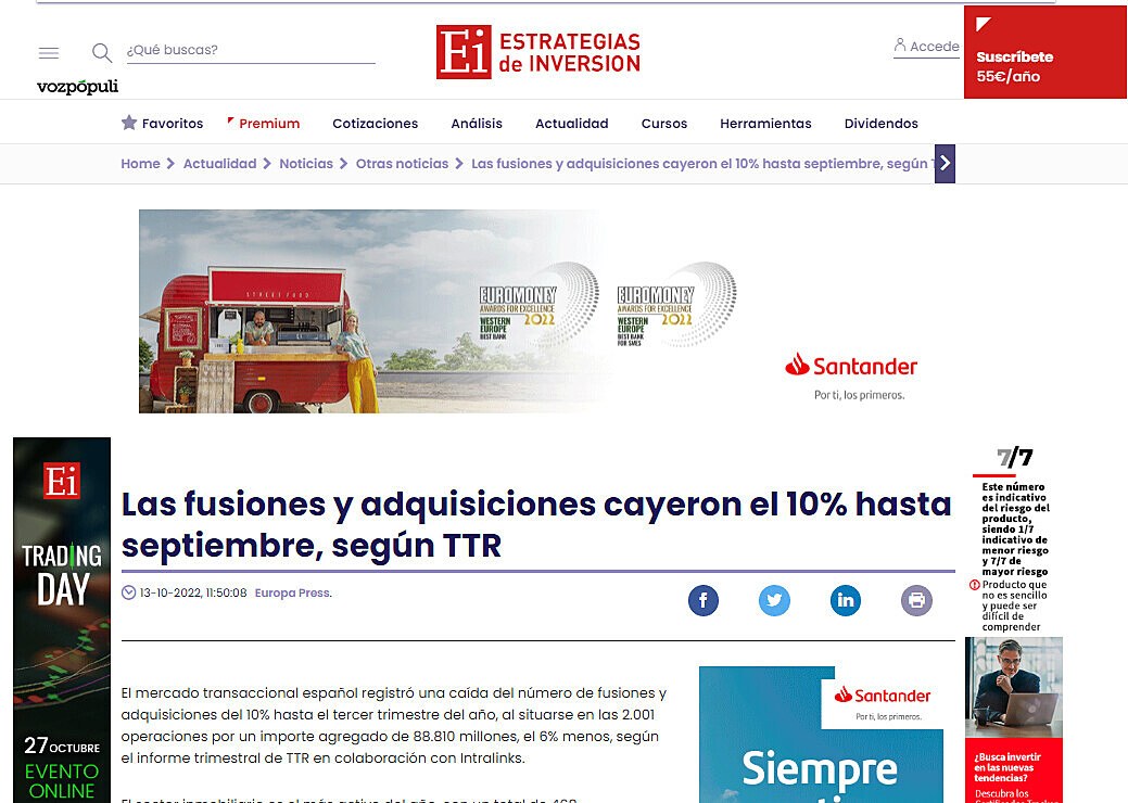 Las fusiones y adquisiciones cayeron el 10% hasta septiembre, segn TTR